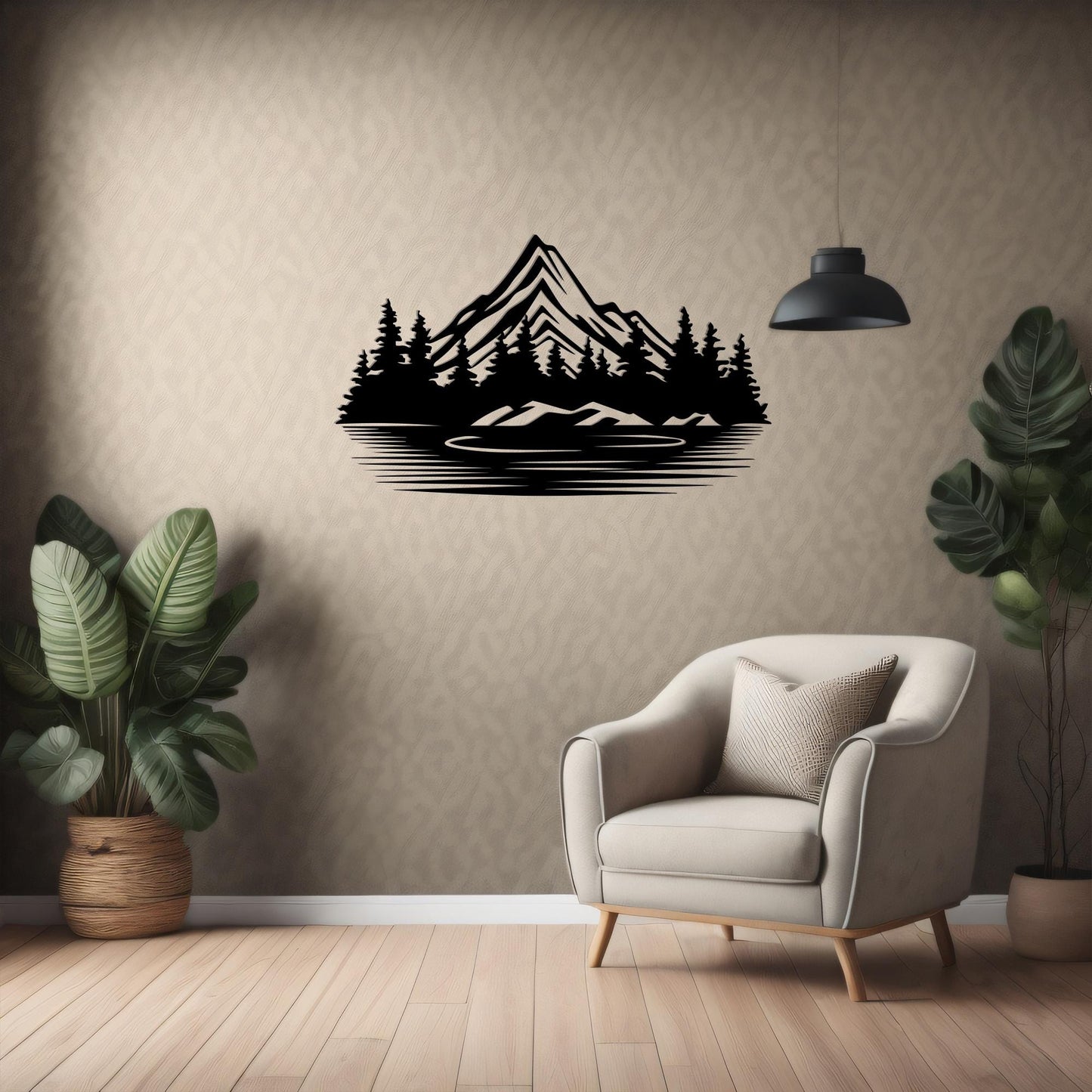 Black Metal Mountain Lake Wall Art: Rustic Cabin Decor