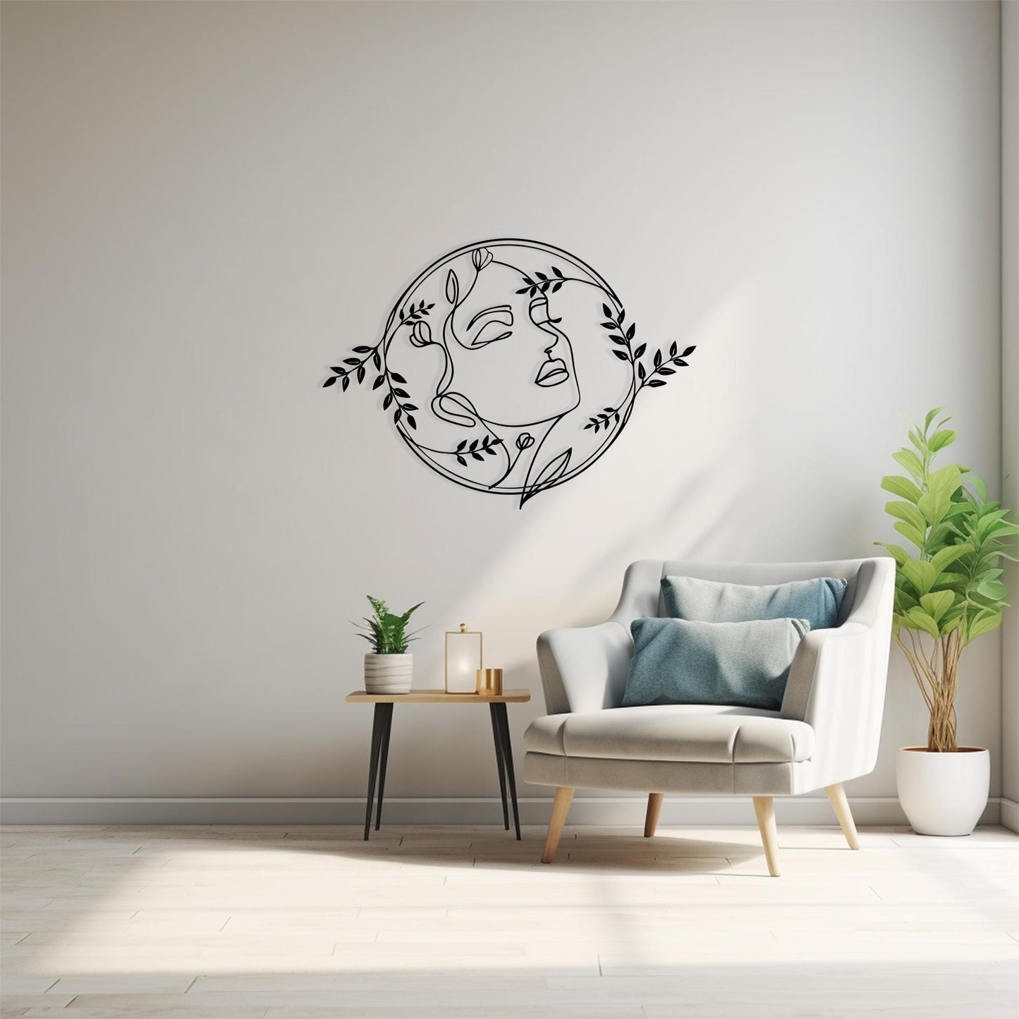 Abstract Face Metal Wall Art: Botanical Line Drawing