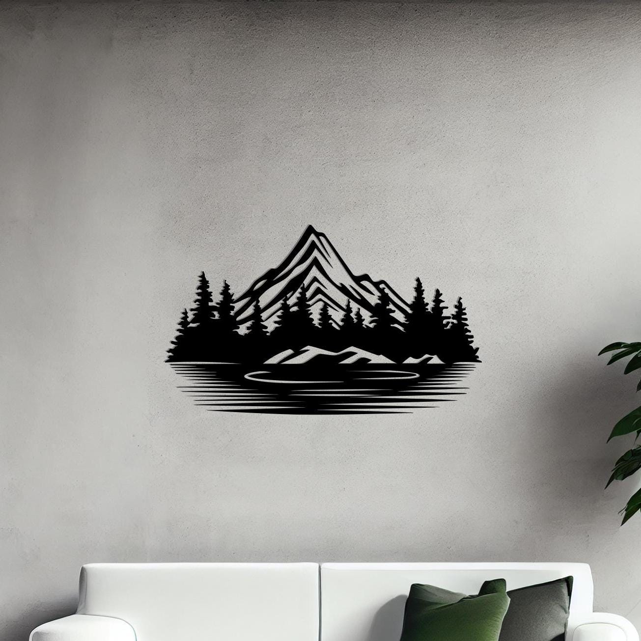Black Metal Mountain Lake Wall Art: Rustic Cabin Decor