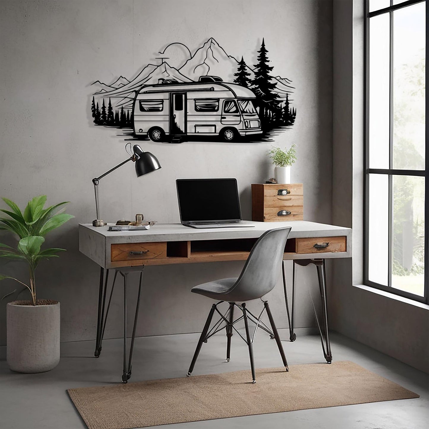 Camper Van Metal Wall Art: Mountain Forest RV Decor