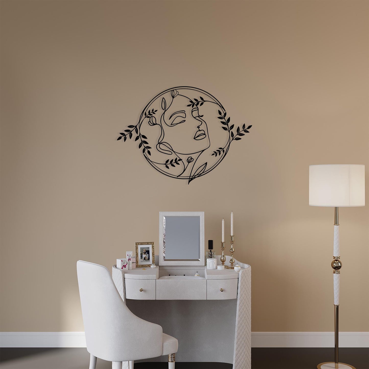 Abstract Face Metal Wall Art: Botanical Line Drawing