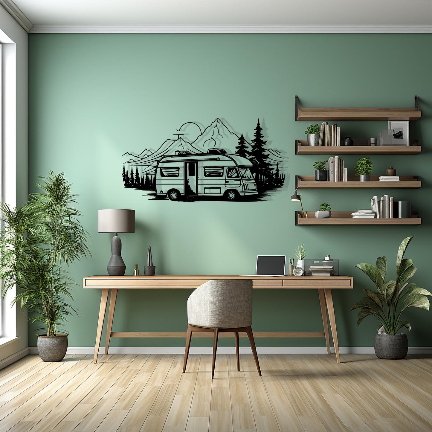 Camper Van Metal Wall Art: Mountain Forest RV Decor