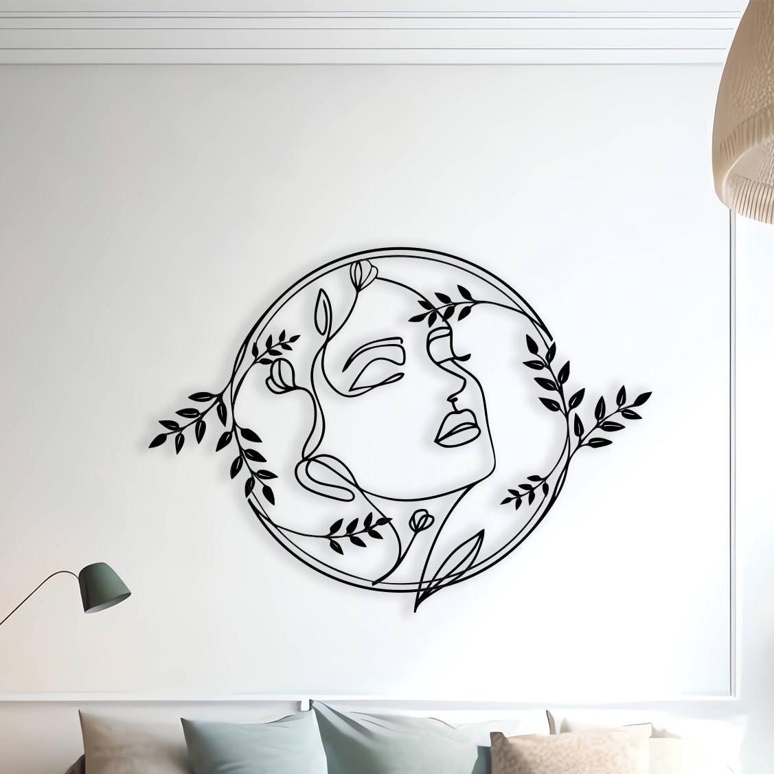 Abstract Face Metal Wall Art: Botanical Line Drawing
