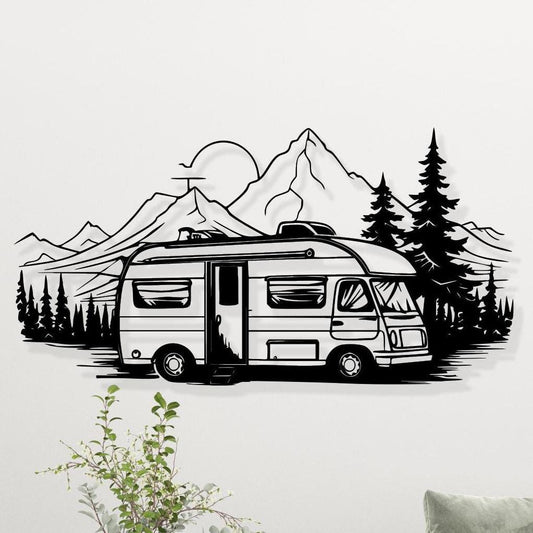 Camper Van Metal Wall Art: Mountain Forest RV Decor