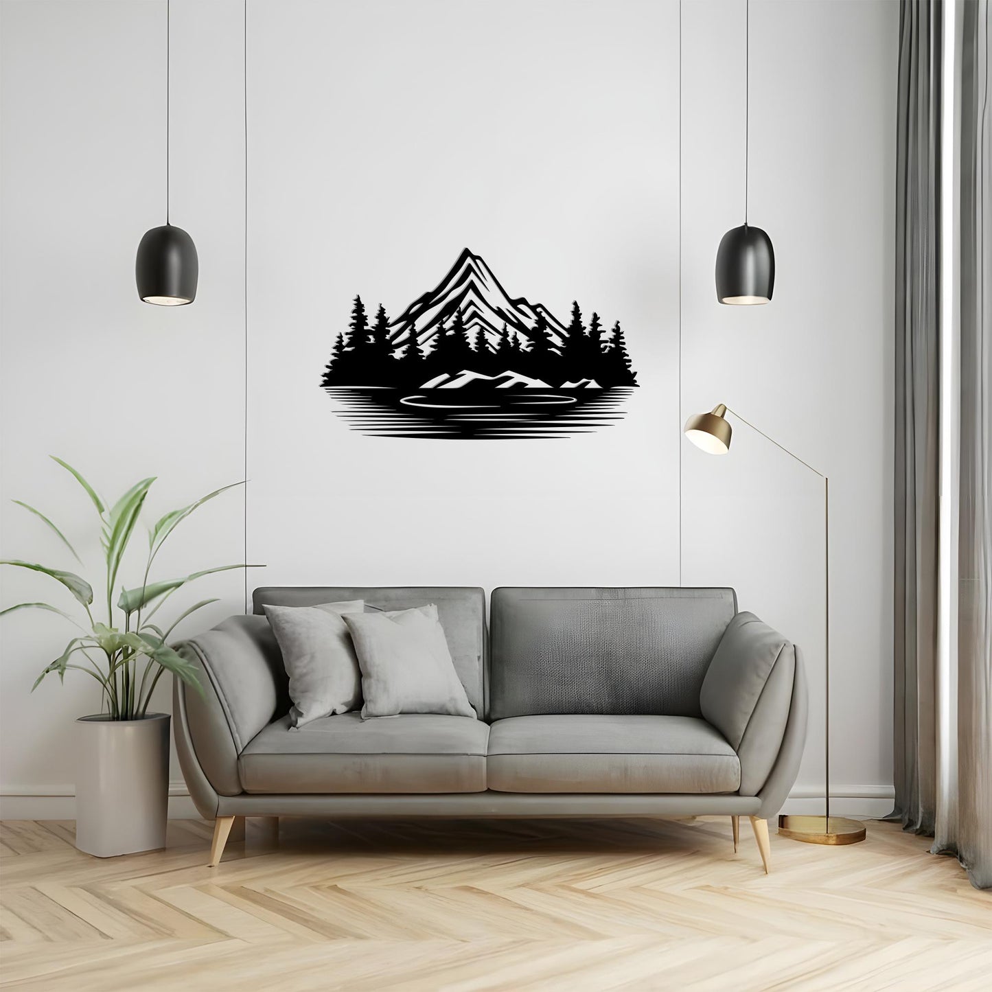 Black Metal Mountain Lake Wall Art: Rustic Cabin Decor