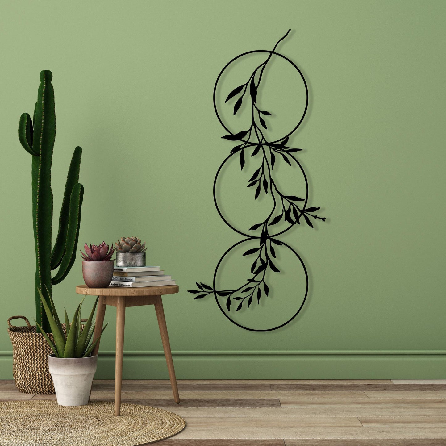 Vertical Metal Wall Art | Botanical Olive Branch | 3 Circle Vine Decor | Narrow Hallway Sign