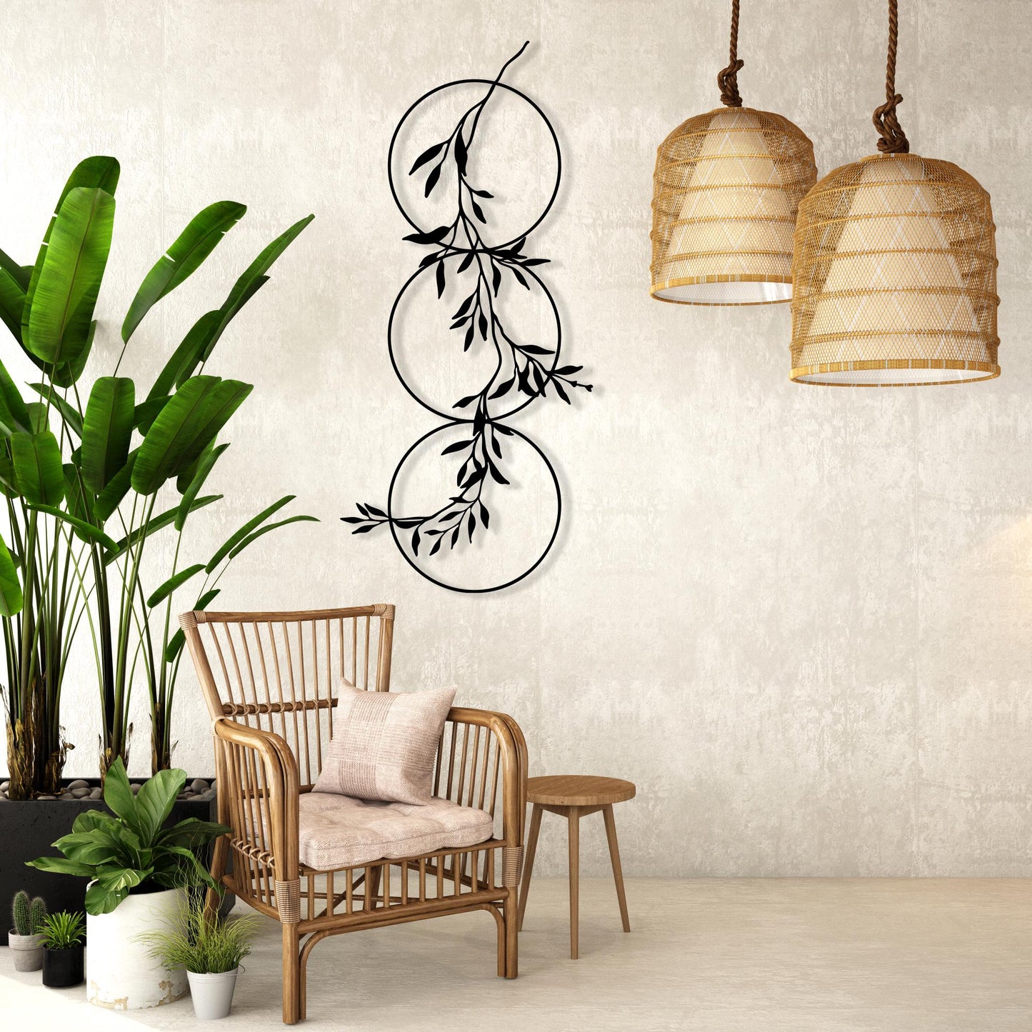 Vertical Metal Wall Art | Botanical Olive Branch | 3 Circle Vine Decor | Narrow Hallway Sign