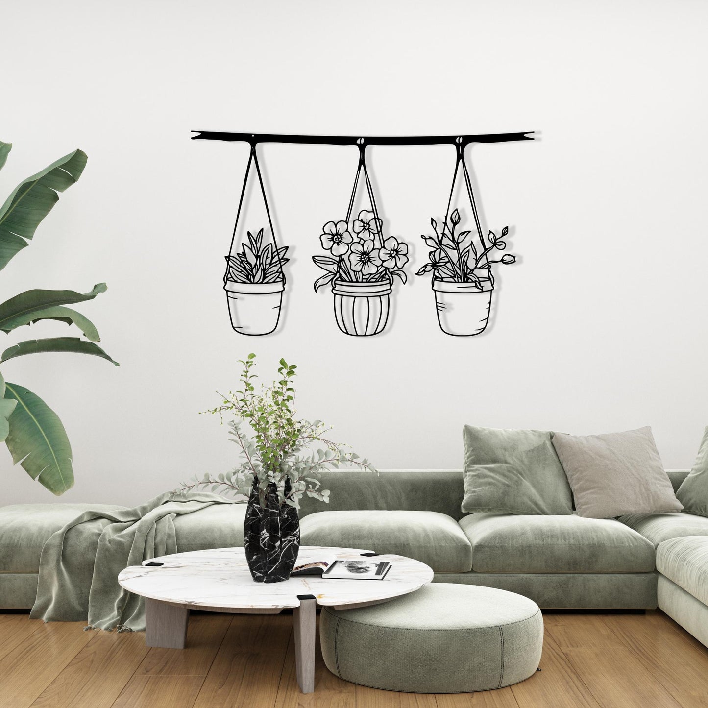 Botanical Metal Hanging Planter Wall Art: Minimalist Indoor Garden Decor