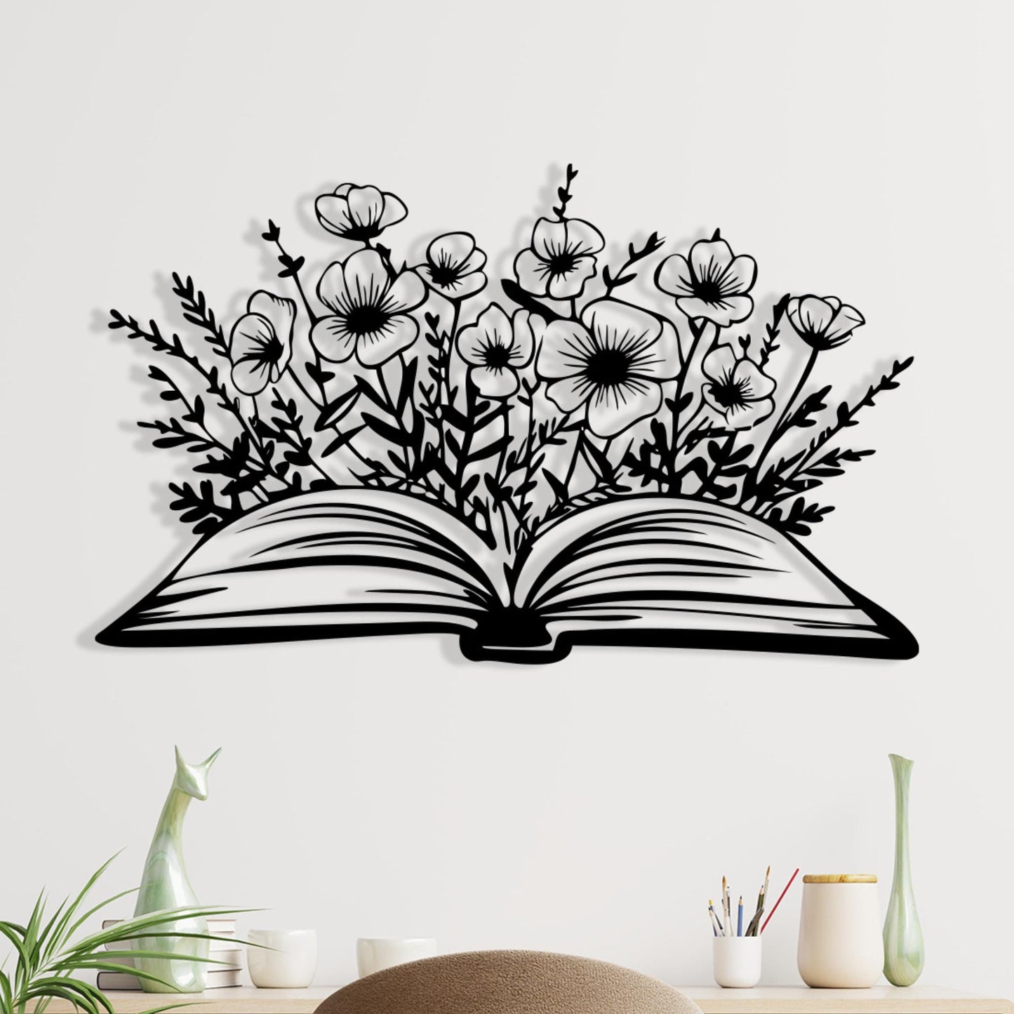 Book and Flowers Metal Wall Art, Botanical Home Decor, Unique Birthday Gift