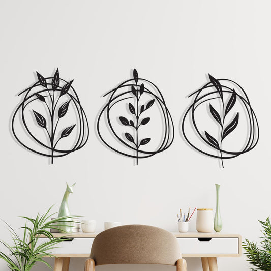 Botanical Metal Wall Art Set of 3 - Minimalist Leaf Line Decor, Unique Housewarming Gift