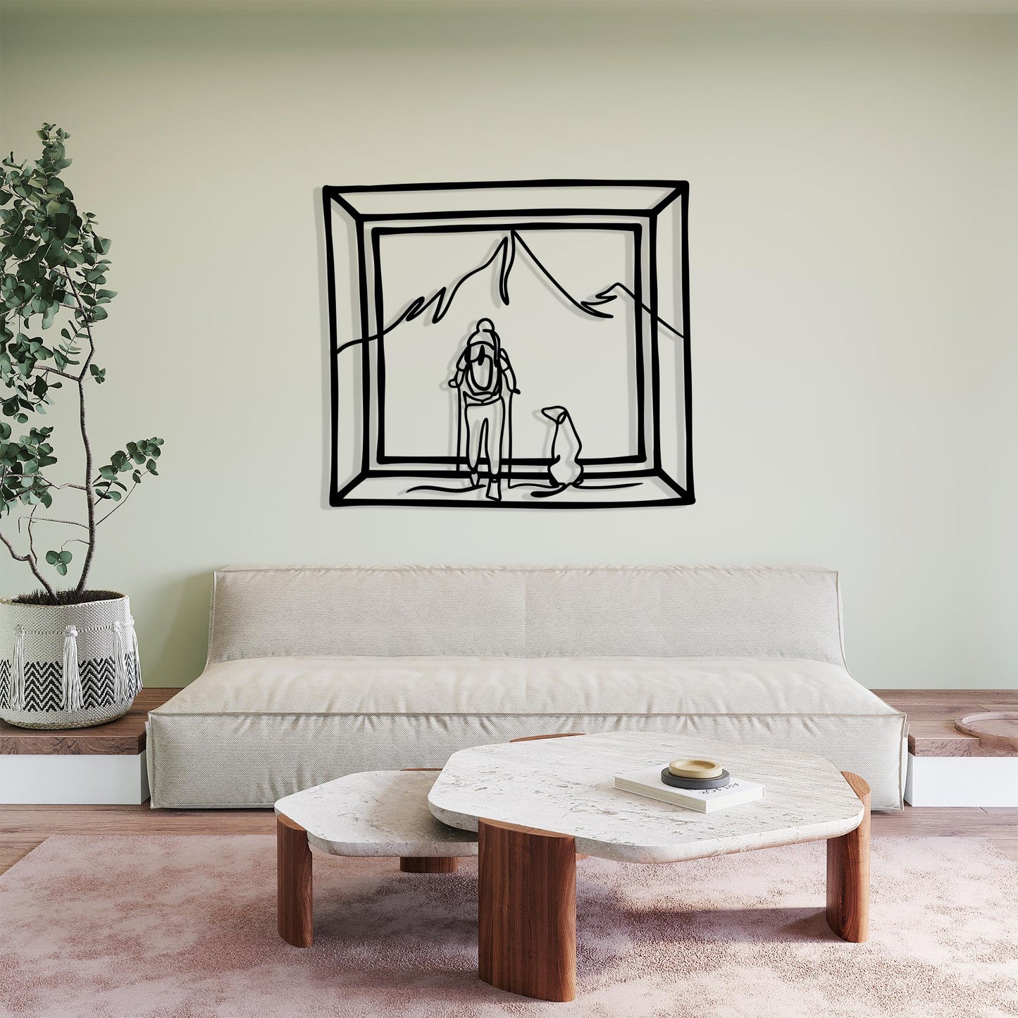 Dog and Hiker Metal Wall Art: Minimalist Mountain Cabin Decor