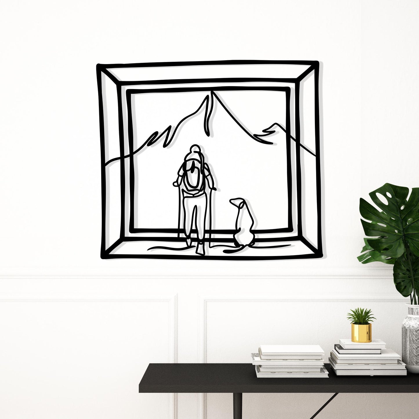 Dog and Hiker Metal Wall Art: Minimalist Mountain Cabin Decor