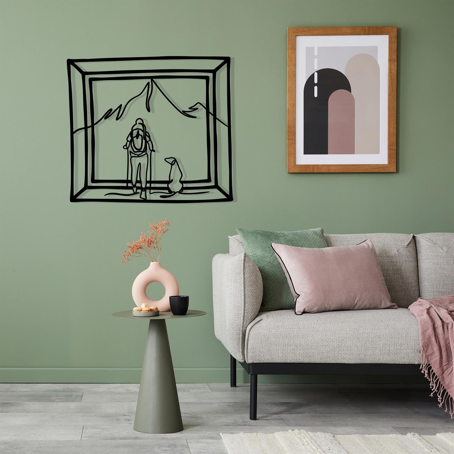 Dog and Hiker Metal Wall Art: Minimalist Mountain Cabin Decor