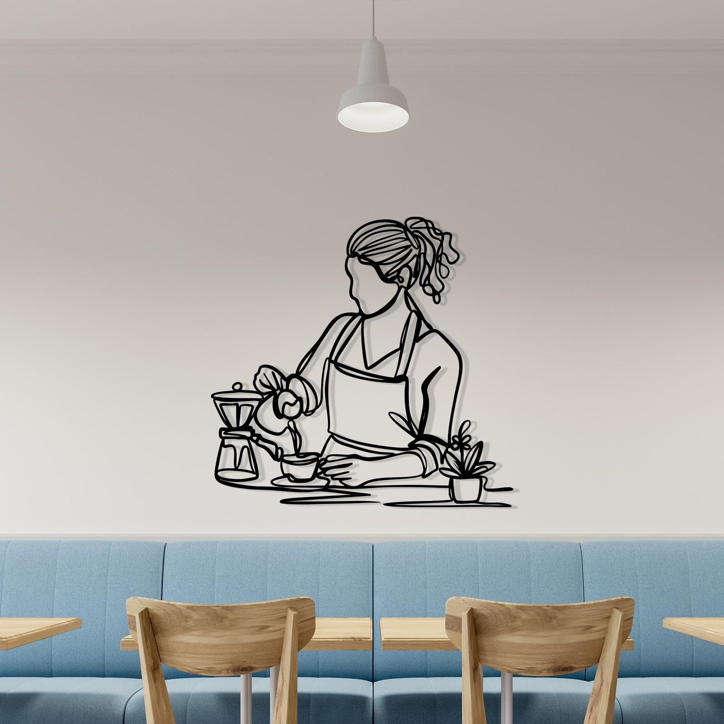 Barista Line Art Metal Wall Decor: Modern Coffee Shop Sign