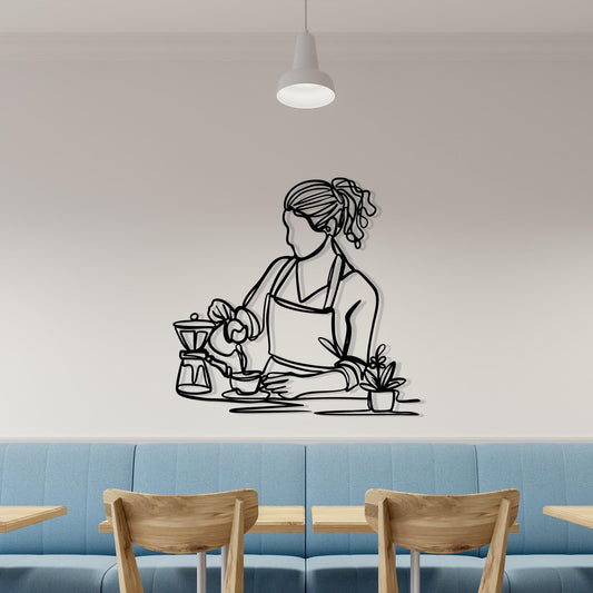 Barista Line Art Metal Wall Decor: Modern Coffee Shop Sign