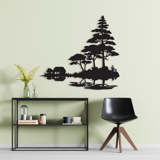 Cabin Lake Metal Wall Art: Rustic Nature Silhouette, Modern Decor