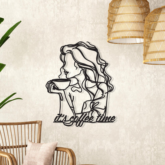 Coffee Time Metal Wall Art: Modern Woman One Line Design