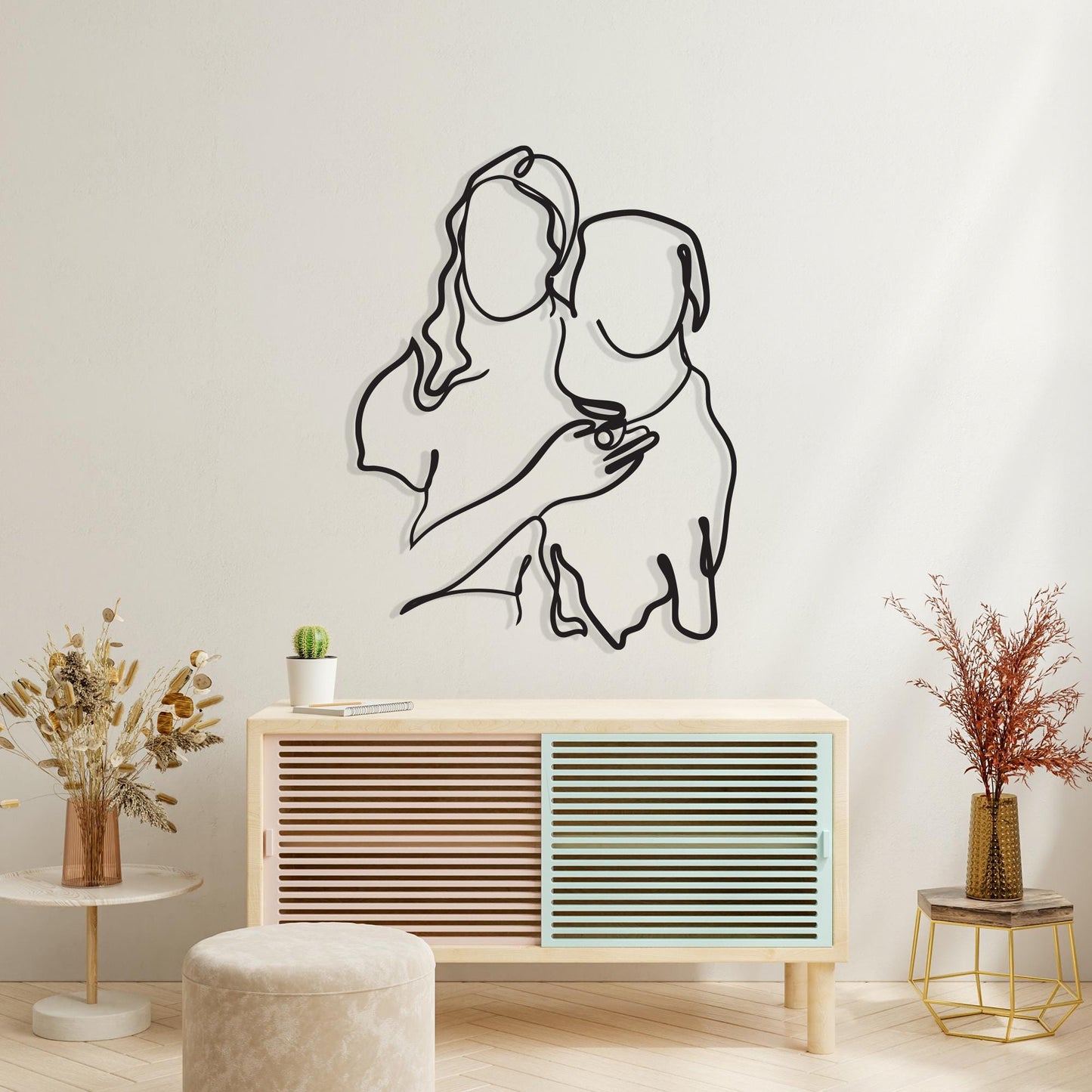 Dog Mom Metal Wall Art | Minimalist Line Decor | Pet Memorial Gift | Woman Hugging Puppy
