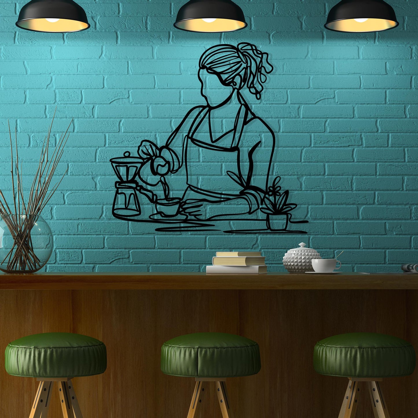 Barista Line Art Metal Wall Decor: Modern Coffee Shop Sign