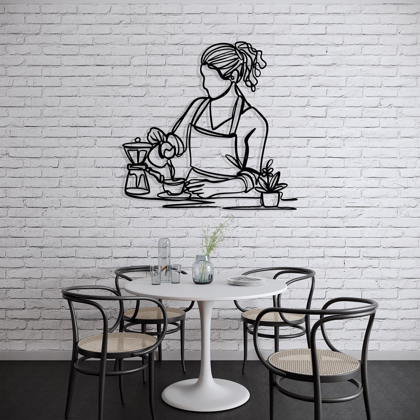 Barista Line Art Metal Wall Decor: Modern Coffee Shop Sign