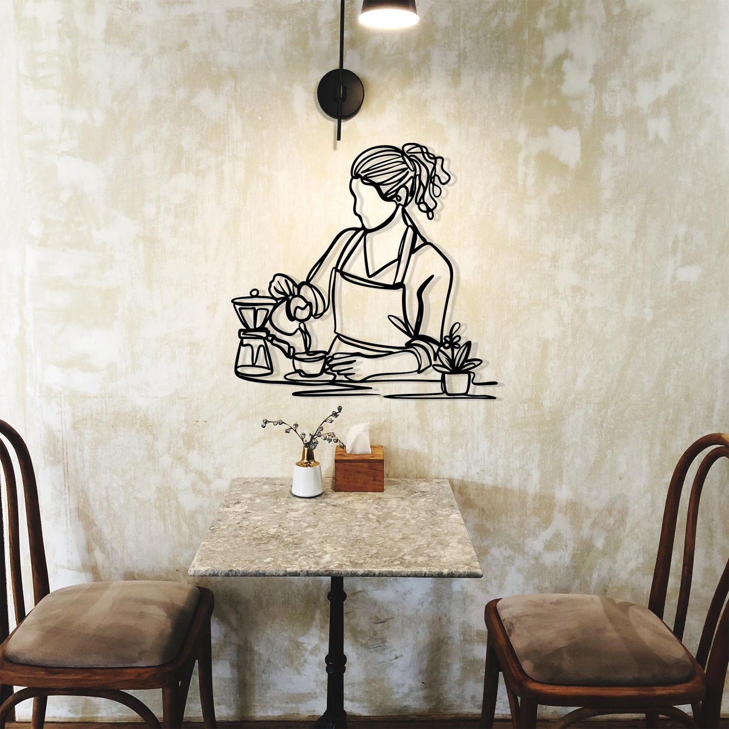 Barista Line Art Metal Wall Decor: Modern Coffee Shop Sign