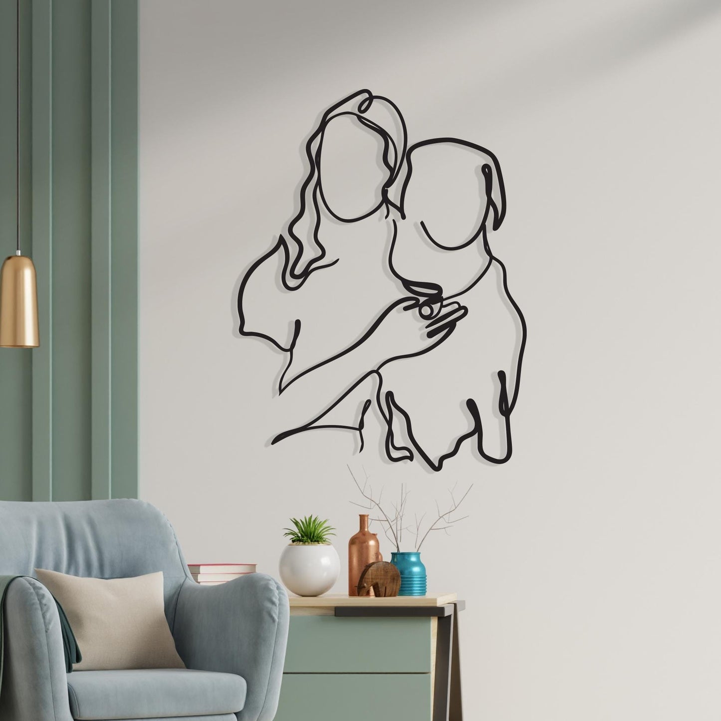 Dog Mom Metal Wall Art | Minimalist Line Decor | Pet Memorial Gift | Woman Hugging Puppy