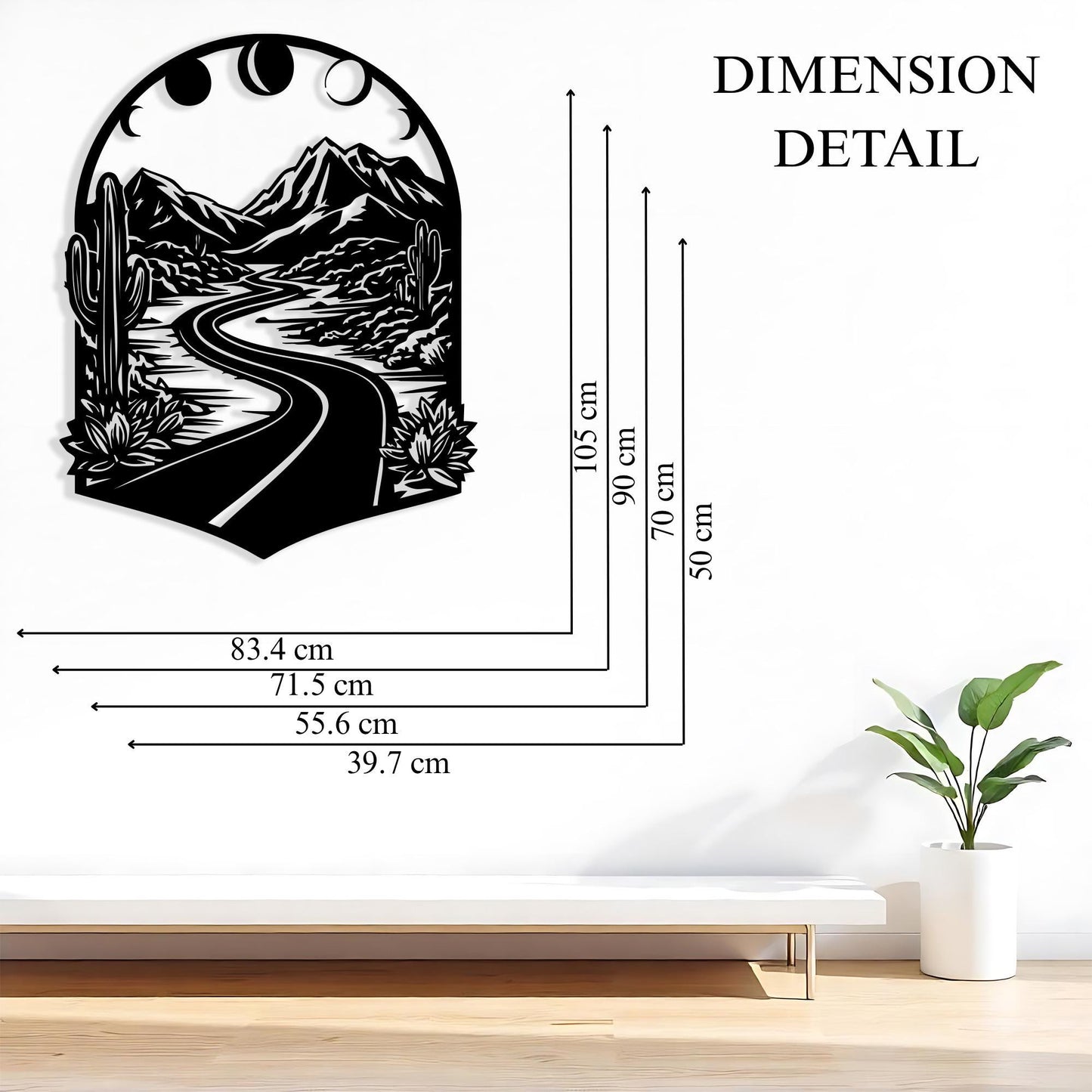 Boho Mountain Road Metal Wall Art: Moon Phases Desert Landscape