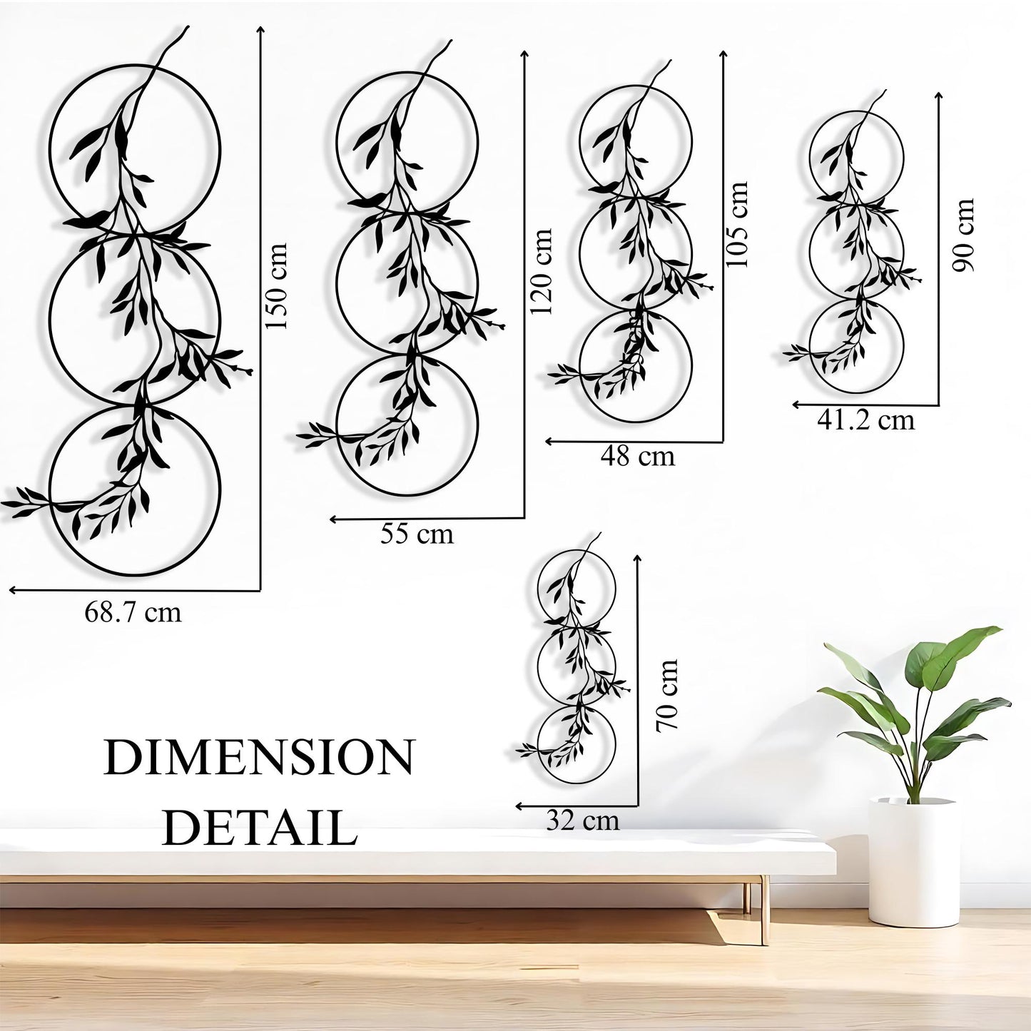 Vertical Metal Wall Art | Botanical Olive Branch | 3 Circle Vine Decor | Narrow Hallway Sign