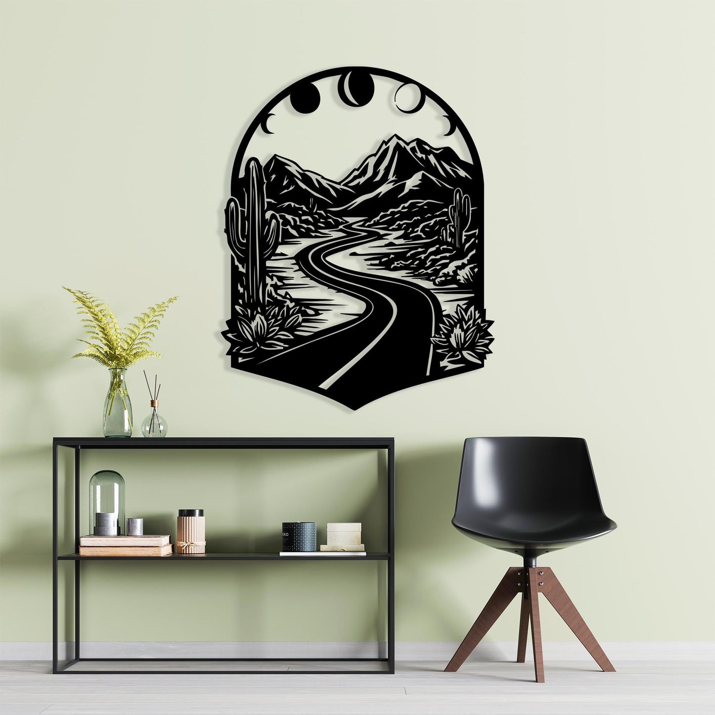 Boho Mountain Road Metal Wall Art: Moon Phases Desert Landscape