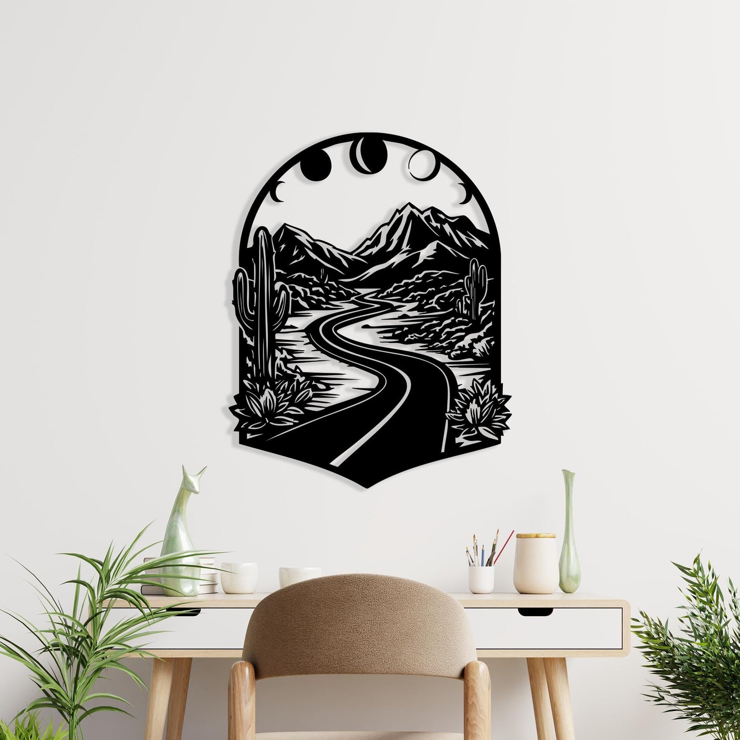 Boho Mountain Road Metal Wall Art: Moon Phases Desert Landscape