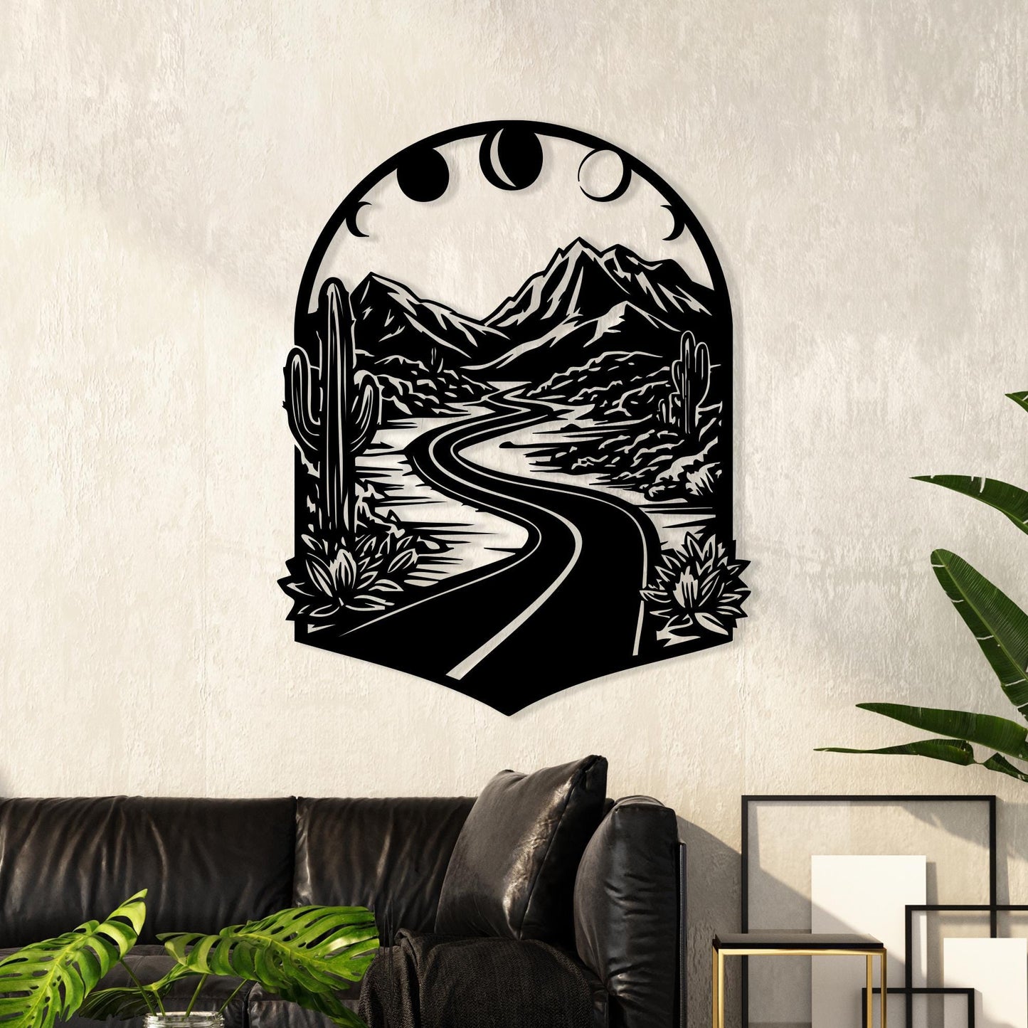 Boho Mountain Road Metal Wall Art: Moon Phases Desert Landscape