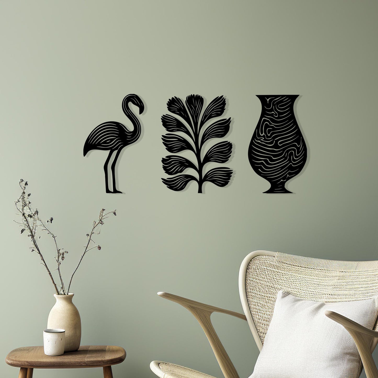 Flamingo Leaf Vase Metal Wall Art Set: Modern Minimalist Decor