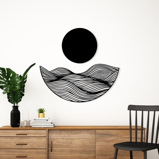 Black Metal Sun and Waves Wall Art: Modern Minimalist Decor