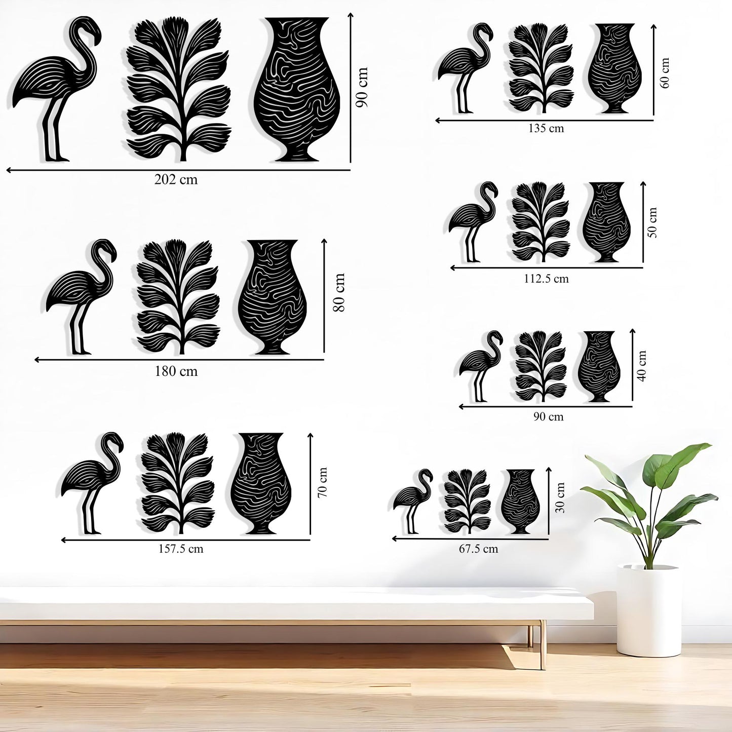 Flamingo Leaf Vase Metal Wall Art Set: Modern Minimalist Decor