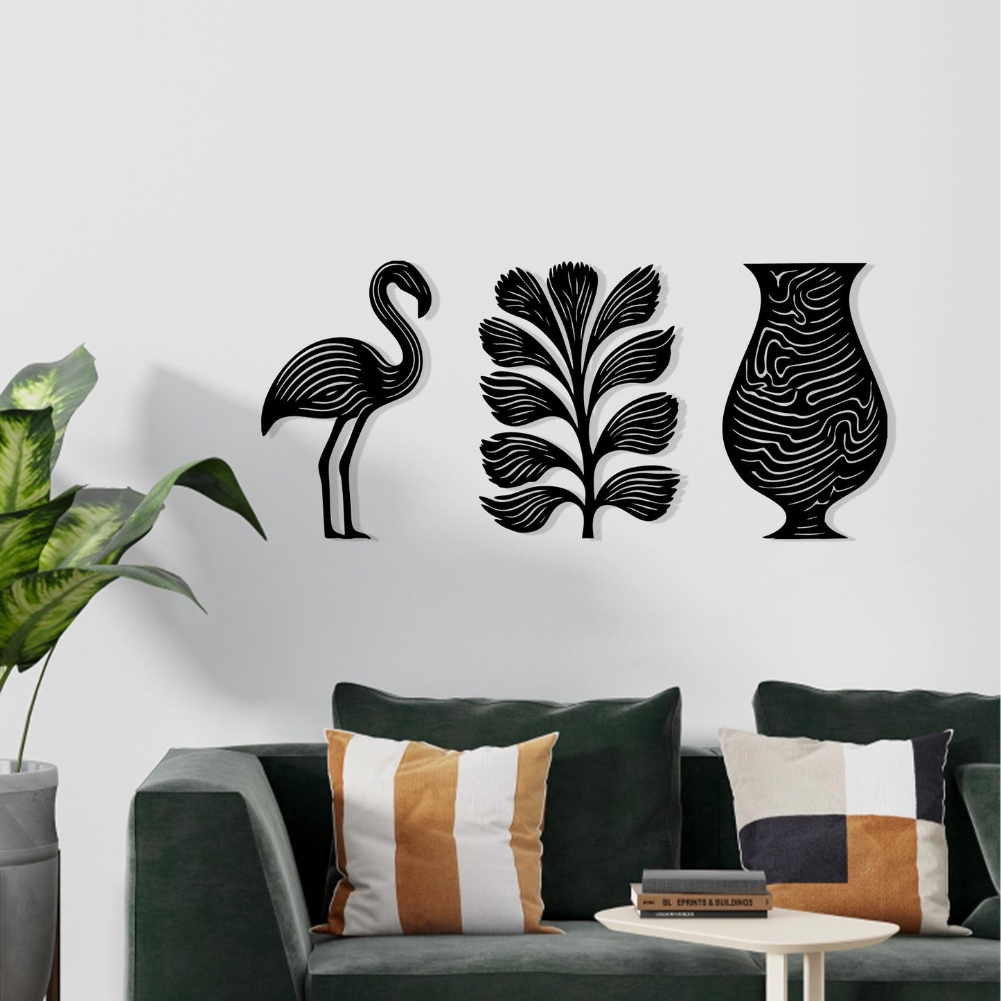 Flamingo Leaf Vase Metal Wall Art Set: Modern Minimalist Decor
