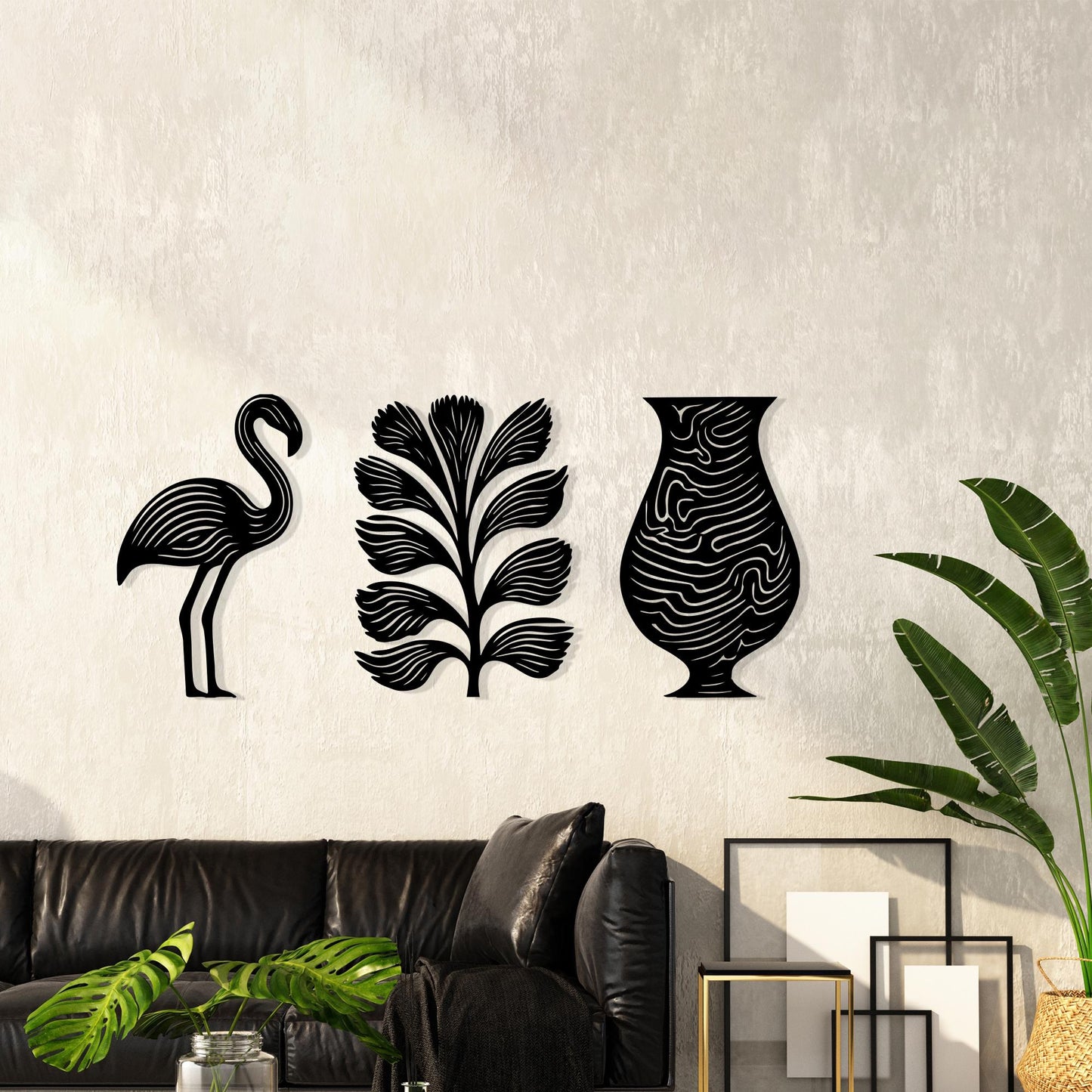 Flamingo Leaf Vase Metal Wall Art Set: Modern Minimalist Decor