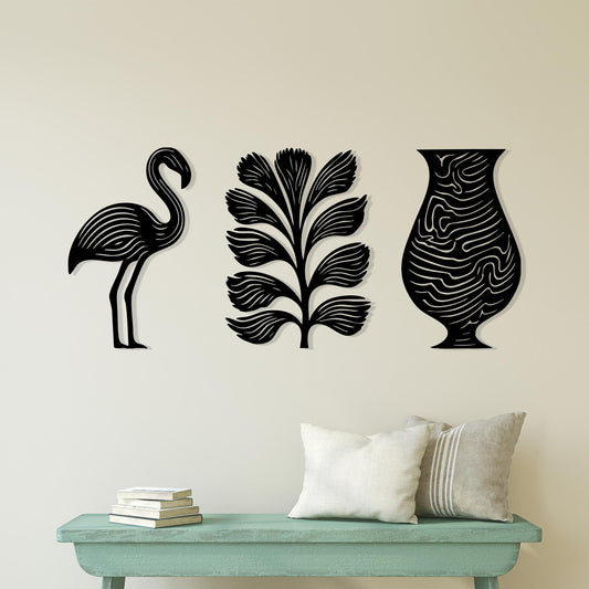 Flamingo Leaf Vase Metal Wall Art Set: Modern Minimalist Decor