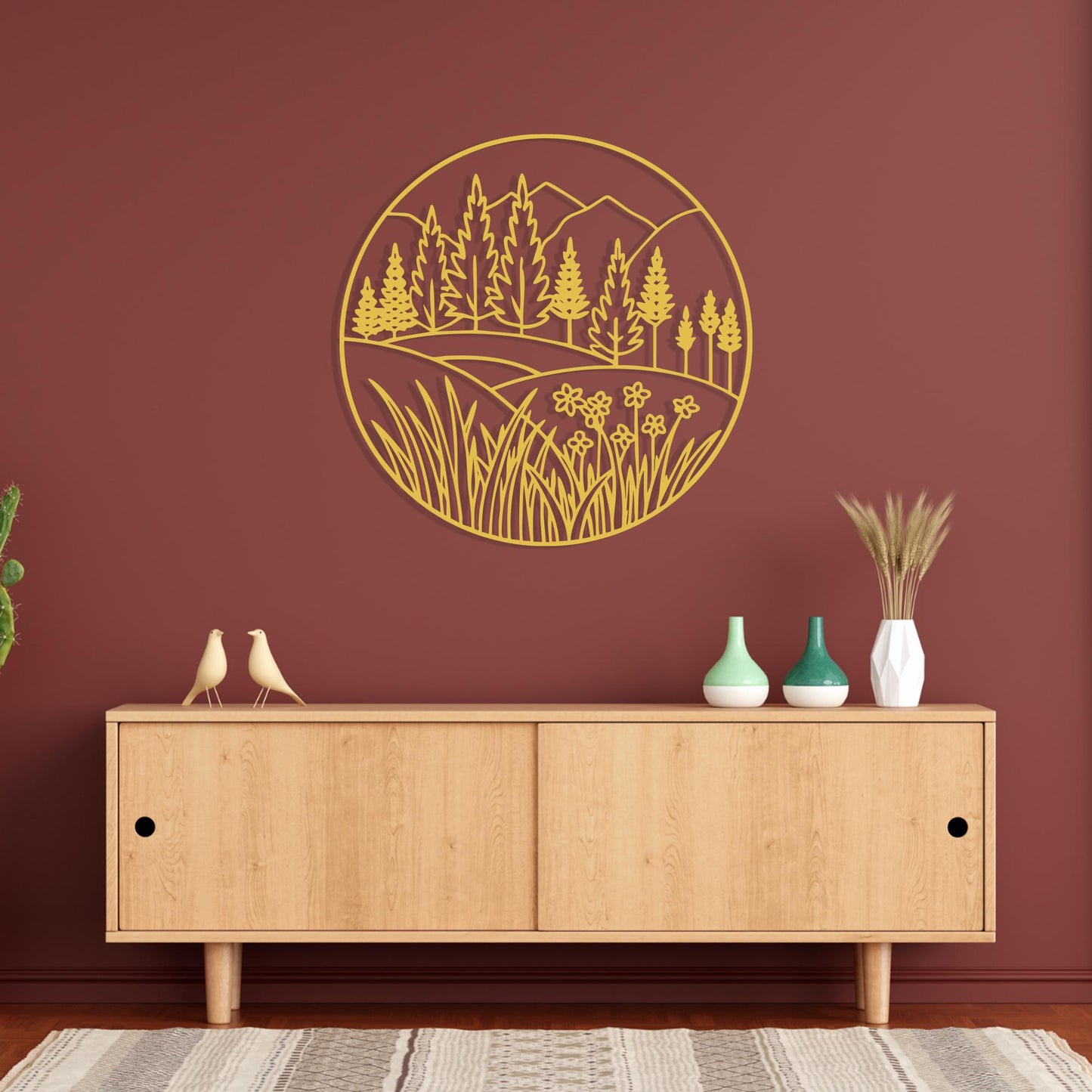 White Metal Mountain Wall Art: Minimalist Floral Landscape Decor