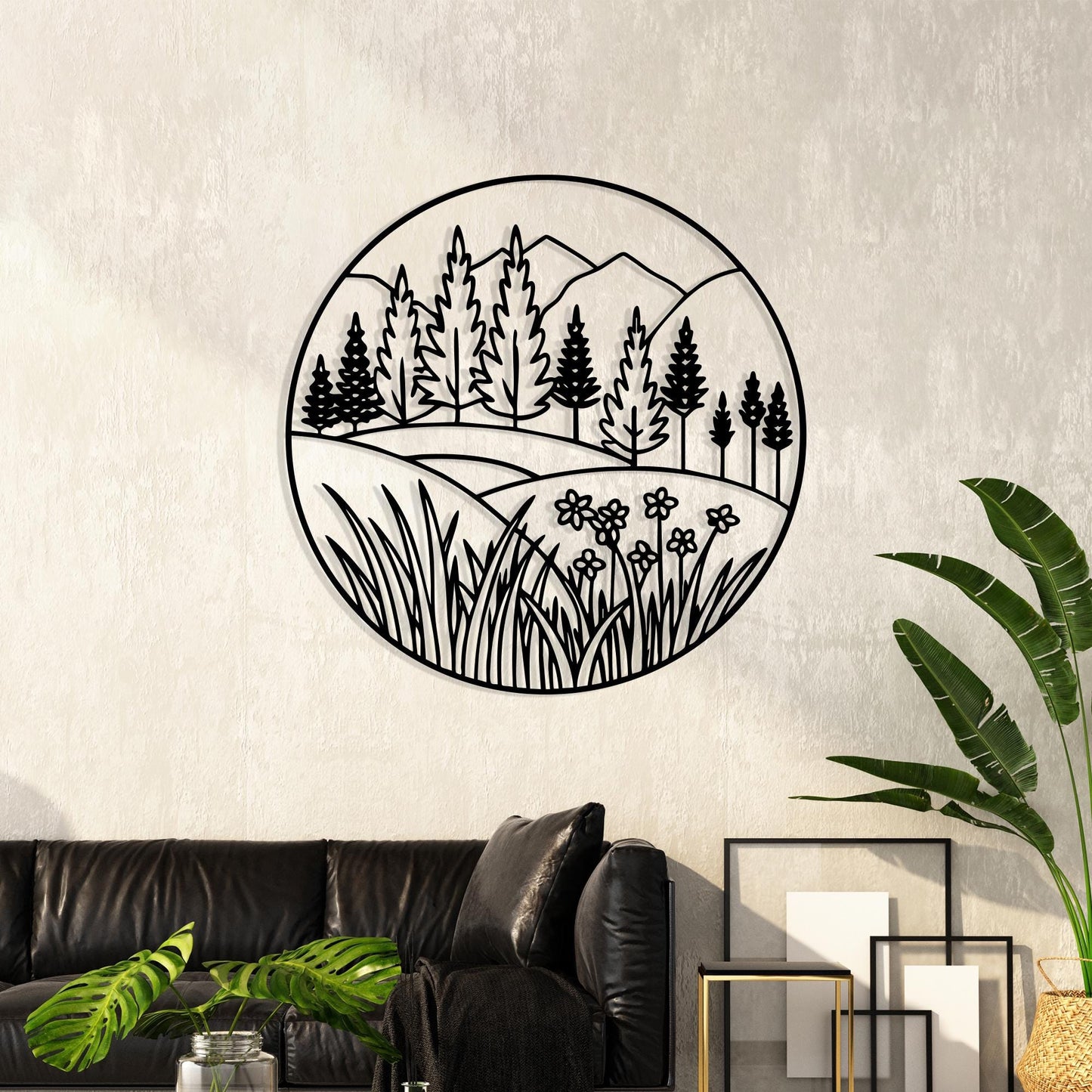 White Metal Mountain Wall Art: Minimalist Floral Landscape Decor