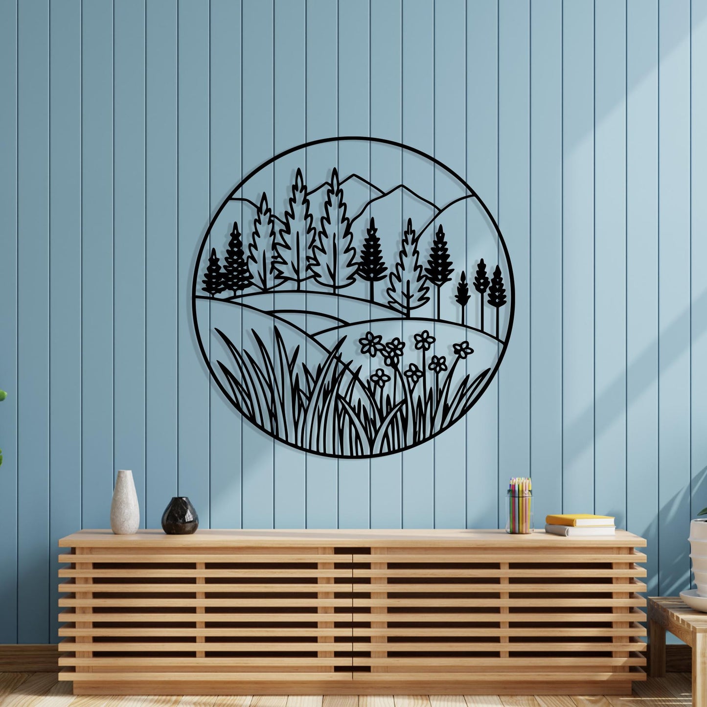 White Metal Mountain Wall Art: Minimalist Floral Landscape Decor