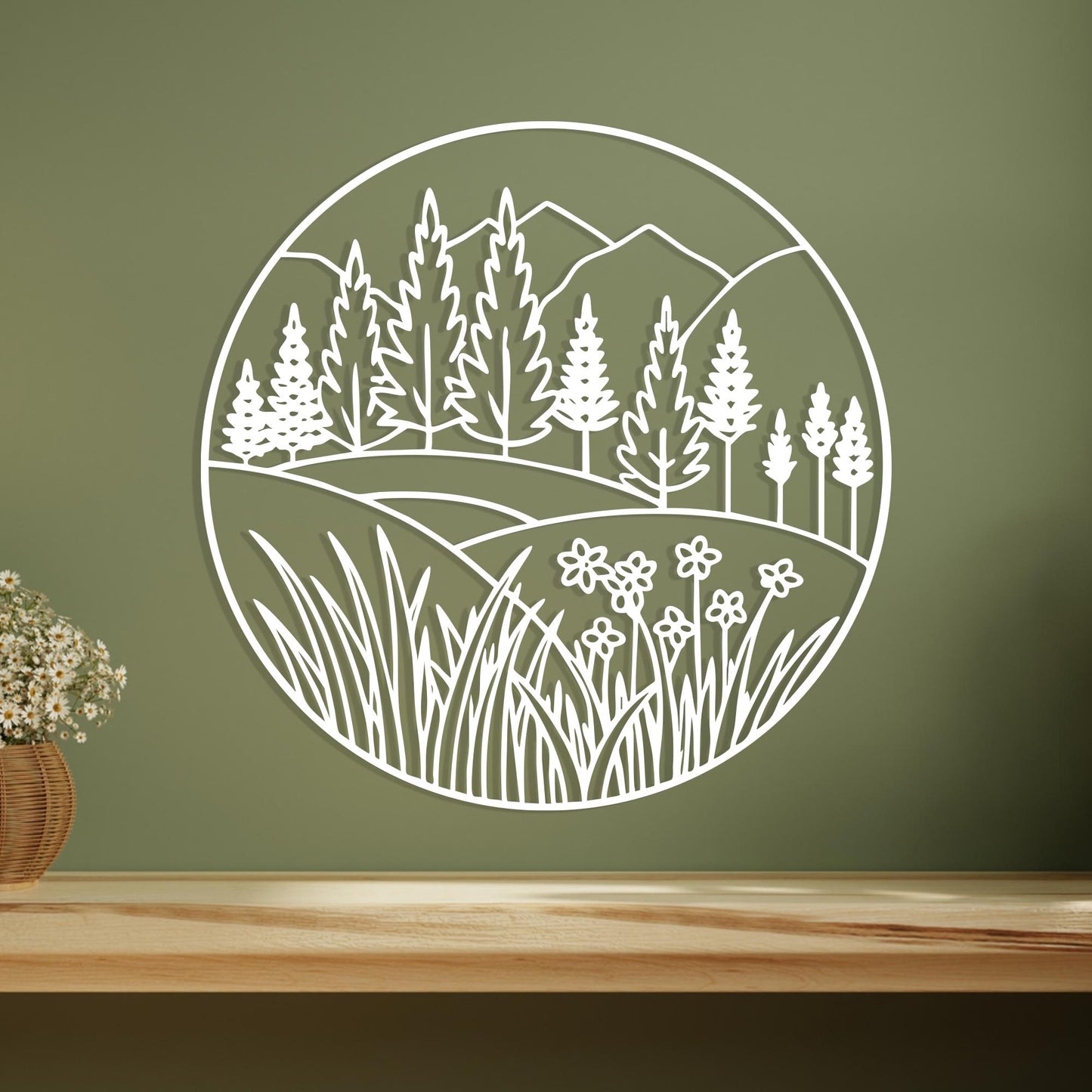 White Metal Mountain Wall Art: Minimalist Floral Landscape Decor