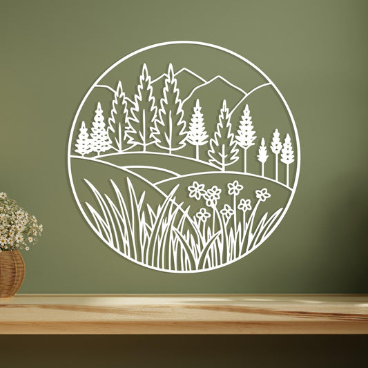 White Metal Mountain Wall Art: Minimalist Floral Landscape Decor