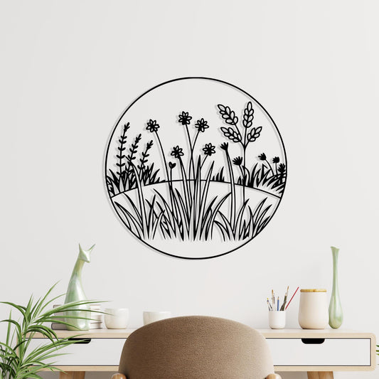 Floral Wheat Field Metal Wall Art Nature Inspired Decor, Minimalist Botanical Silhouette Gift Her