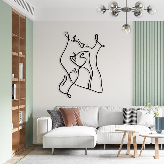 Abstract Cat and Person Metal Wall Art, Minimalist Line Decor, Unique Birthday Gifts
