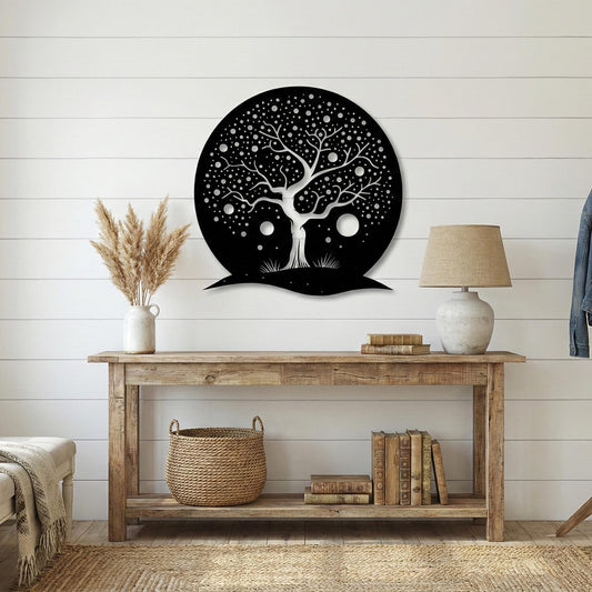 Whimsical Tree of Life Wall Art | Round Metal Moon Decor | Magical Nursery Sign